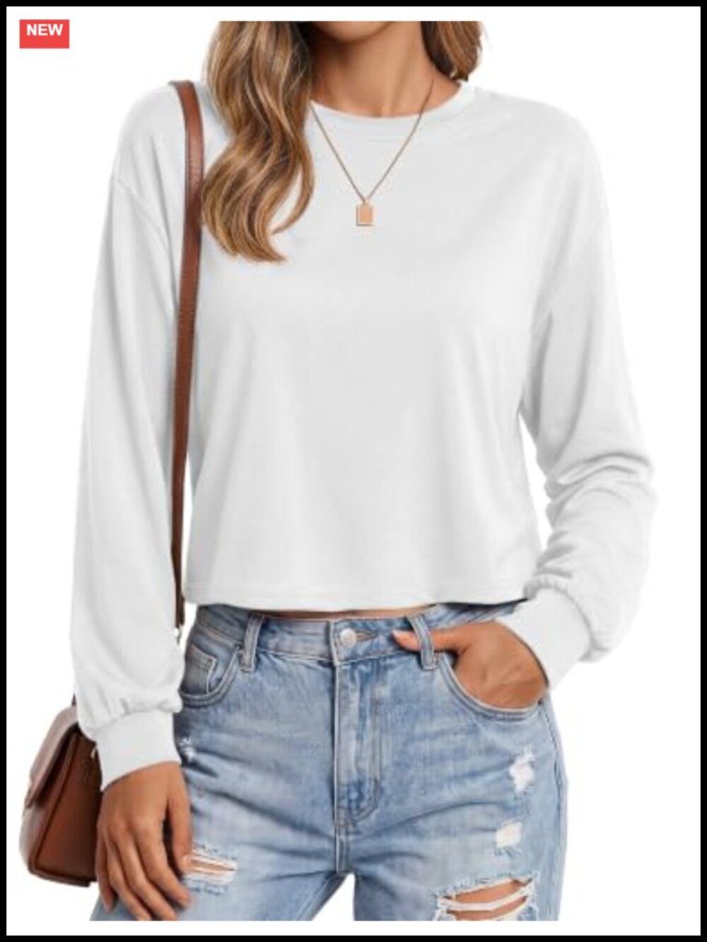 Womens Crop Top Long Sleeve Crewneck Cotton Blend Pullover